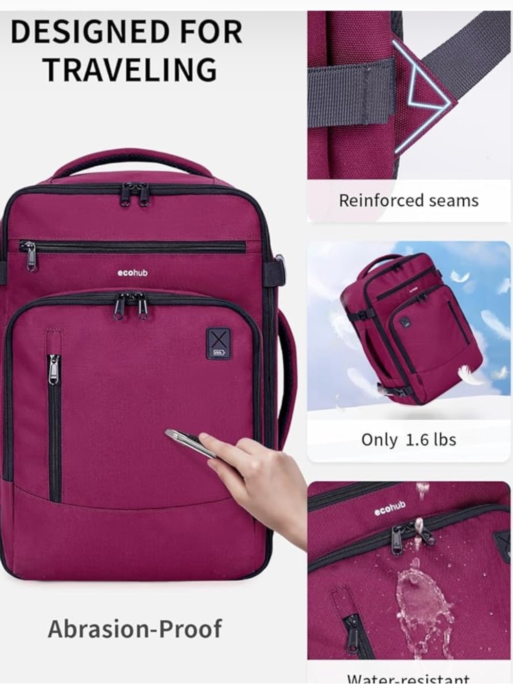 Ecohub Women's Travel Backpack in RED  — Lightweight, Water-Resistant